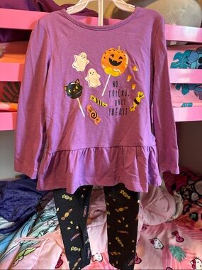 Girls' Purple Halloween Peplum Top & Black Candy Leggings Matching Set